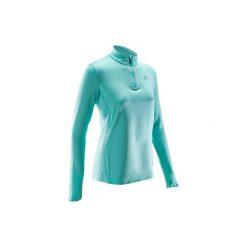 Bluza biegania RUN WARM damska. Niebieskie bluzy sportowe damskie marki KALENJI, z elastanu, z krótkim rękawem, krótkie. Za 34,99 zł.