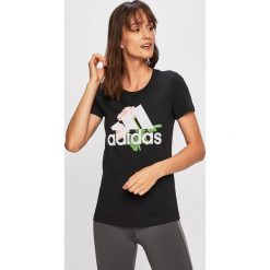 Adidas Performance - T-shirt. Czarne topy damskie adidas Performance, s, z nadrukiem, z elastanu, z okrągłym kołnierzem. W wyprzedaży za 89,90 zł.