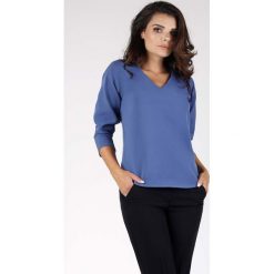 Denim Dzianinowa Bluzka Damska z Dekoltem w Kształcie Litery V. Niebieskie bluzki damskie marki Molly.pl, s, z dzianiny, eleganckie, dekolt w kształcie v, z długim rękawem. Za 98,90 zł.