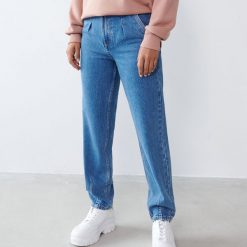 Jeansy baggy high waist - Niebieski. Niebieskie jeansy damskie Sinsay, bez wzorów, z jeansu, z podwyższonym stanem. Za 79,99 zł.