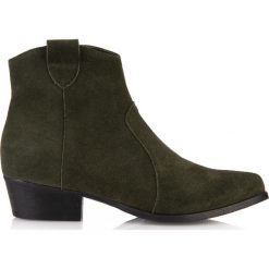 Botki khaki. Zielone botki damskie Arturo Vicci, ze skóry, boho, na wysokim obcasie, na zamek. Za 299,00 zł.