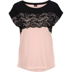 Shirt z koronką bonprix czarno-jasnoróżowy vintage. Różowe koszulki damskie marki bonprix, w koronkowe wzory, z koronki, vintage, bez kołnierzyka. Za 54,99 zł.