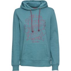 Bluza z kapturem i nadrukiem bonprix matowy turkusowy. Niebieskie bluzy damskie bonprix, z nadrukiem, bez rękawów, z kapturem. Za 74,99 zł.