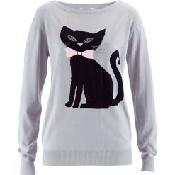 Sweter dzianinowy, długi rękaw bonprix srebrny matowy. Szare swetry klasyczne damskie bonprix, z dzianiny, z kontrastowym kołnierzykiem. Za 74,99 zł.