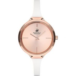 Zegarek kwarcowy w kolorze biało-różowozłotym. Różowe, analogowe zegarki damskie Beverly Hills Polo Club, metalowe. W wyprzedaży za 249,95 zł.