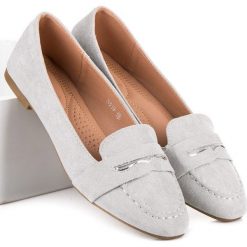 ZAMSZOWE MOKASYNY Z BROKATEM SMALL SWAN odcienie szarości i srebra. Szare półbuty damskie SMALL SWAN, z zamszu. Za 69,90 zł.