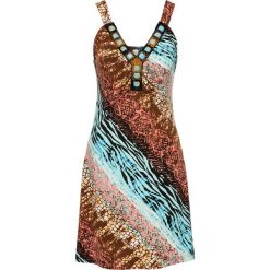 Sukienka letnia bonprix turkusowy wzorzysty. Niebieskie sukienki damskie bonprix, na lato, z aplikacjami, eleganckie, bez kołnierzyka, bez rękawów. Za 109,99 zł.