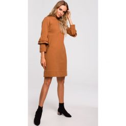 Sukienka trapezowa z falbankami karmel - xl. Sukienki damskie e-margeritka.pl, s, bez wzorów, z bawełny, eleganckie, z długim rękawem, długie, bez kaptura. Za 144,99 zł.