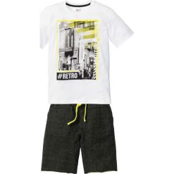 Shirt + bermudy dresowe (2 części) bonprix biało-czarny z nadrukiem. Czarne t-shirty chłopięce bonprix, z nadrukiem, z dresówki, z krótkim rękawem. Za 59,99 zł.