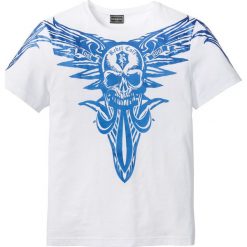 T-shirt z metalicznym nadrukiem Slim Fit bonprix biały. Białe koszulki męskie bonprix, xl, z nadrukiem, z okrągłym kołnierzem. Za 44,99 zł.