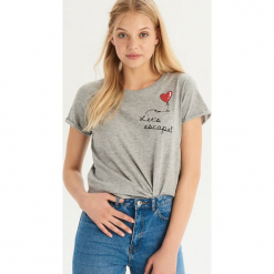 T-shirt z aplikacją na kieszeni - Jasny szar. Szare t-shirty damskie Sinsay, l, z aplikacjami. Za 19,99 zł.