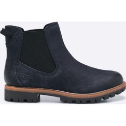 Tamaris - Botki. Czarne buty zimowe damskie Tamaris, z materiału, z okrągłym noskiem, na obcasie. W wyprzedaży za 199,90 zł.