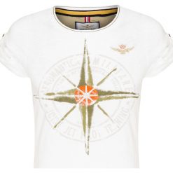 T-shirt AERONAUTICA MILITARE Biały. Białe t-shirty damskie marki Aeronautica Militare, z nadrukiem, z bawełny, militarne, z okrągłym kołnierzem. Za 400,00 zł.