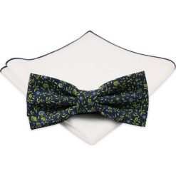 Granatowa Mucha z Białą Poszetką -CHATTIER- Męska, w Zielone Kwiatki MUCH0493. Niebieskie muszki męskie Chattier, na imprezę, w paski, eleganckie. Za 44,00 zł.
