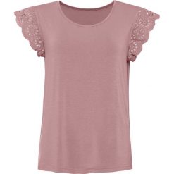 Shirt z koronką bonprix różowobrązowy. Różowe koszulki damskie bonprix, w koronkowe wzory, z koronki, bez kołnierzyka, bez rękawów. Za 49,99 zł.