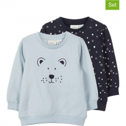 Bluzy (2 szt.) w kolorze błękitnym i granatowym. Niebieskie bluzy chłopięce rozpinane Name it Baby, z haftami, z bawełny. W wyprzedaży za 42,95 zł.