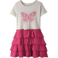 Sukienka shirtowa z falbanami bonprix naturalny melanż - jeżynowy. Białe sukienki dziewczęce bonprix, na lato, z nadrukiem, z bawełny, bez rękawów. Za 44,99 zł.