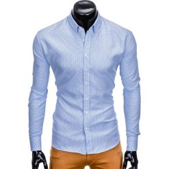 KOSZULA MĘSKA Z DŁUGIM RĘKAWEM K411 - BIAŁA/BŁĘKITNA. Białe koszule męskie na spinki Ombre Clothing, m, z kontrastowym kołnierzykiem, z długim rękawem. Za 49,00 zł.
