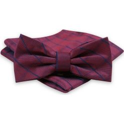 Bordowo-Granatowa Mucha Męska -ALTIES- z Taką Samą Poszetką, w Kratkę MUALTS0565. Czerwone muszki męskie Alties, na imprezę, w paski, eleganckie. Za 39,00 zł.