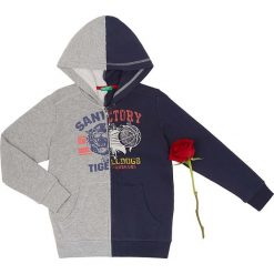 Bluza w kolorze szaro-granatowym. Szare bluzy niemowlęce Benetton Kids, z nadrukiem, z bawełny, bez rękawów, bez kaptura. W wyprzedaży za 47,95 zł.