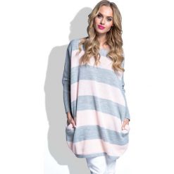 Pudrowa Tunika Swetrowa Oversize w Pasy. Szare tuniki damskie z długim rękawem marki Molly.pl, s, z dzianiny, z dekoltem w łódkę. Za 109,90 zł.