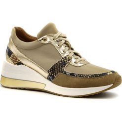 Sportowe beżowe sneakersy typu chunky ze złotą wstawką w podeszwie 278B. Brązowe buty sportowe damskie Neścior, z materiału. W wyprzedaży za 249,00 zł.