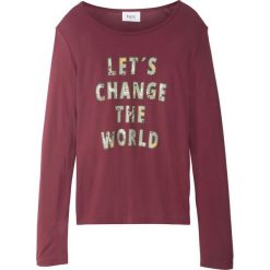 Shirt z długim rękawem i hasłem bonprix czerwony klonowy. Czerwone bluzki dziewczęce marki bonprix, bez wzorów, z wiskozy, z okrągłym kołnierzem, z długim rękawem, długie, bez kaptura. Za 16,99 zł.