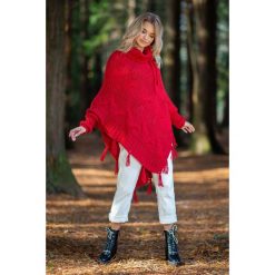 Czerwone Ciepłe Poncho-Sweter z Frędzlami. Czerwone golfy damskie Molly.pl, uniwersalny, bez wzorów, bez rękawów. Za 159,90 zł.