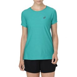 Koszulka Asics Short Sleeve Top W Zielono-Niebieska. Niebieskie bluzki damskie Asics, bez wzorów, bez kołnierzyka. Za 49,99 zł.