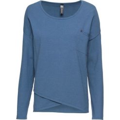 Sweter z założeniem kopertowym bonprix niebieski dżins. Niebieskie swetry damskie bonprix, bez wzorów, bez rękawów, bez kaptura. Za 99,99 zł.