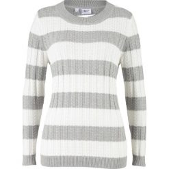 Sweter w paski i warkocze bonprix jasnoszary melanż - biel wełny w paski. Szare swetry damskie bonprix, w paski, z wełny, bez rękawów, bez kaptura. Za 84,99 zł.
