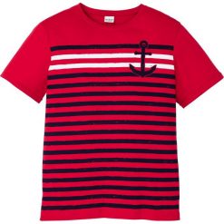 T-shirt Slim Fit bonprix czerwony z nadrukiem. Czerwone koszulki męskie bonprix, s, w paski, bez kołnierzyka. Za 49,99 zł.