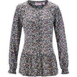 Bluzka z baskinką, długi rękaw, z kolekcji Maite Kelly bonprix czarny w kwiaty. Czarne koszulki damskie bonprix, z nadrukiem, z wiskozy, z falbankami. Za 44,99 zł.