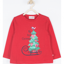 Koszulka. Czerwone bluzki dziewczęce bawełniane Merry Christmas, z nadrukiem, z długim rękawem. Za 42,90 zł.