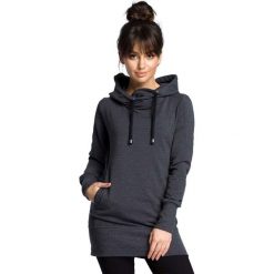 Grafitowa Długa Bluza-Tunika ze Ściąganym Kapturem. Szare bluzy sportowe damskie marki Molly.pl, na imprezę, s, z dzianiny, sportowe, z kapturem, z długim rękawem. Za 155,90 zł.