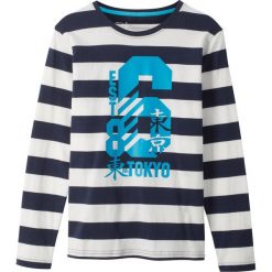 Shirt chłopięcy z długim rękawem w paski i z nadrukiem bonprix ciemnoniebiesko-biel wełny w paski. Niebieskie t-shirty chłopięce bonprix, w paski, z wełny, z długim rękawem. Za 34,99 zł.