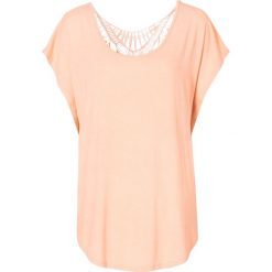 Shirt z dżerseju bonprix jasny brzoskwiniowy. Pomarańczowe koszulki damskie marki bonprix, w koronkowe wzory, z koronki, bez kołnierzyka, z krótkim rękawem. Za 79,99 zł.