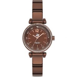 Zegarek kwarcowy w kolorze jasnobrązowym. Pomarańczowe, analogowe zegarki damskie Beverly Hills Polo Club, metalowe. W wyprzedaży za 289,95 zł.