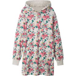 Sukienka dresowa z kapturem bonprix naturalny melanż z nadrukiem. Białe sukienki dziewczęce marki bonprix, z nadrukiem, z dresówki, bez rękawów. Za 44,99 zł.