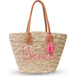 Torba plażowa Beach bonprix naturalno-różowy. Brązowe torby plażowe bonprix, w kolorowe wzory, ze skóry, z pomponami. Za 89,99 zł.