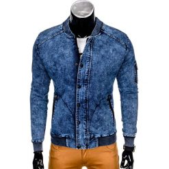 Kurtka męska jesienna bomberka C240 - jeansowa. Kurtki męskie Ombre Clothing, na jesień, m, z aplikacjami, z elastanu, militarne, bez kaptura. Za 99,00 zł.