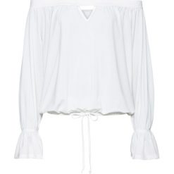 Shirt z dekoltem carmen bonprix biel wełny. Białe koszulki damskie bonprix, bez wzorów, z wełny, bez kołnierzyka, bez rękawów. Za 69,99 zł.