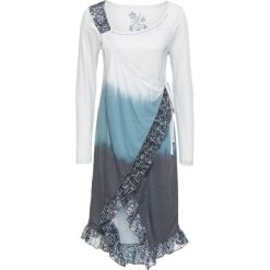 Sweter bez zapięcia z dekoracyjnymi brzegami, długi rękaw bonprix czarno-biały. Czarne sukienki damskie bonprix, bez wzorów, eleganckie, z długim rękawem, długie, bez kaptura. Za 89,99 zł.