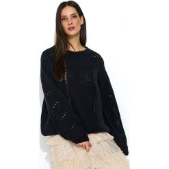 Czarny Luźny Sweter z Ażurowym Wzorem. Czarne swetry damskie Molly.pl, uniwersalny, bez wzorów, z jeansu, eleganckie, z długim rękawem, długie, bez kaptura. Za 129,90 zł.