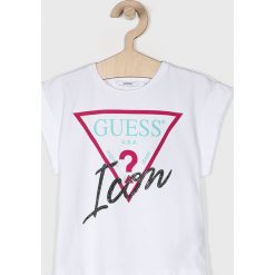 Guess Jeans - Top dziecięcy 118-175 cm. Niebieskie bluzki dziewczęce Guess Jeans, z nadrukiem, z elastanu, z okrągłym kołnierzem, z krótkim rękawem, krótkie, bez kaptura. W wyprzedaży za 79,90 zł.