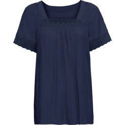 Shirt bluzkowy z ażurową koronką bonprix ciemnoniebieski. Niebieskie koszulki damskie bonprix, w koronkowe wzory, z koronki, z dekoltem karo, bez rękawów. Za 99,99 zł.