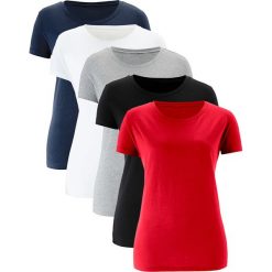 Długi shirt z okrągłym dekoltem (5 szt.), krótki rękaw bonprix truskawkowy + czarny + biały + jasnoszary melanż + ciemnoniebieski. Szare koszulki damskie bonprix, bez wzorów, z okrągłym kołnierzem, z długim rękawem. Za 89,95 zł.