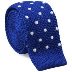 Dziergany Krawat Męski Knit w Białe Groszki, Kropki -5,5cm- Alties, Niebieski KRALTS0060. Niebieskie krawaty męskie Alties, w paski, z jeansu, sportowe. Za 44,00 zł.