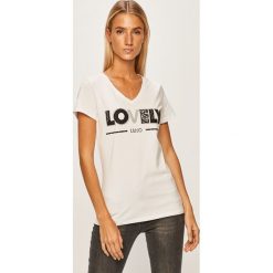 Liu Jo - T-shirt. Białe bluzki damskie Liu Jo, s, z aplikacjami, z elastanu, z włoskim kołnierzykiem. W wyprzedaży za 229,90 zł.