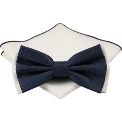 Mucha z poszetką - Chattier, Męska - Granatowa, Biały Motyw MUCH0439. Niebieskie muszki męskie Chattier, na imprezę, w paski, eleganckie. Za 44,00 zł.
